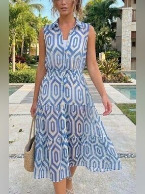 NEW Alex &  Parker Green and White Midi Dress w Gold Buttons & Embellishment